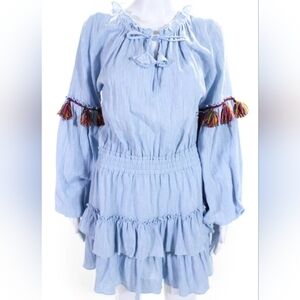 Misa Womens Cotton Long Sleeve Tassel V Neck Ruffle Dress Blue Size L